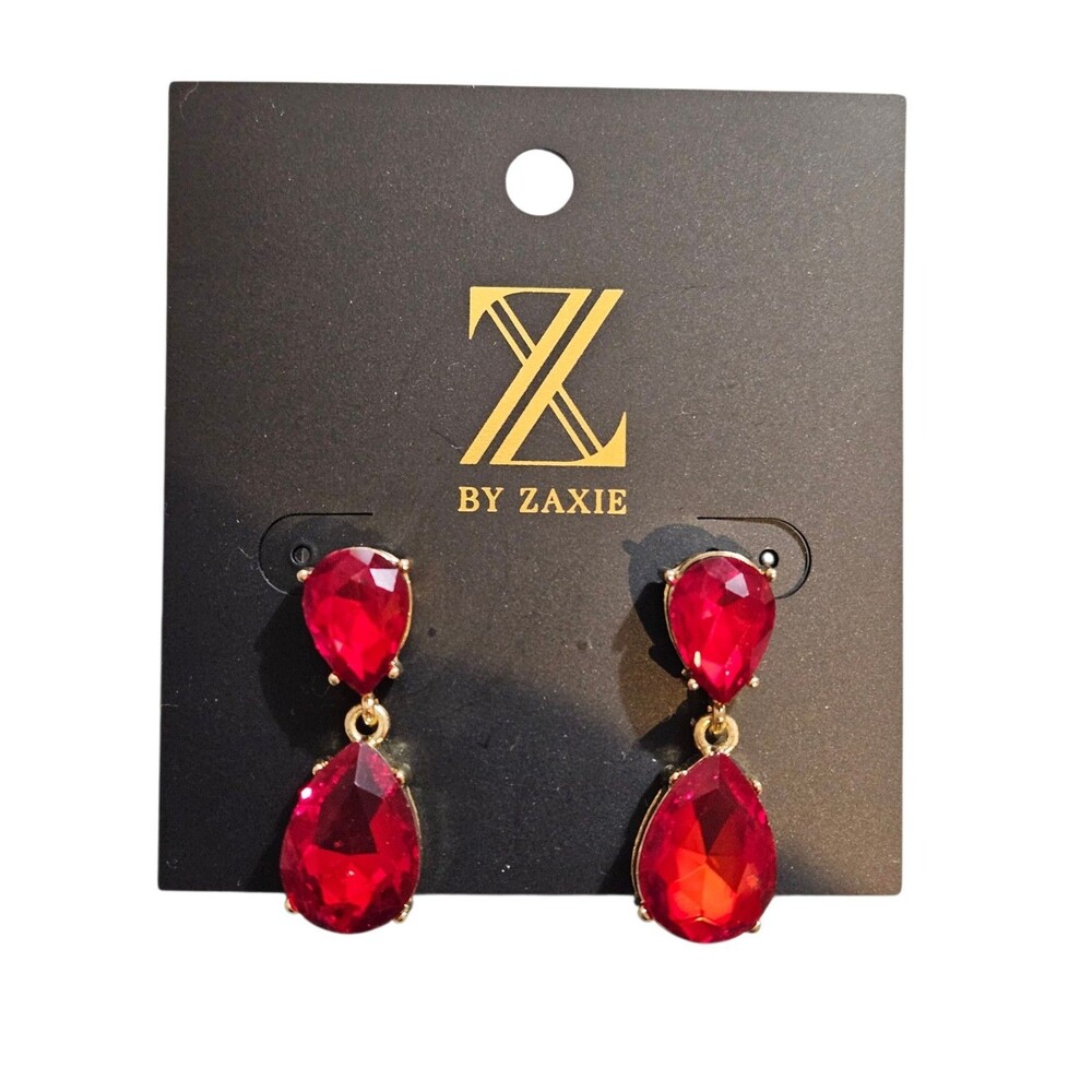 Z By Zaxie Red Teardrop Rhinestone Drop Earrings Gold Tone